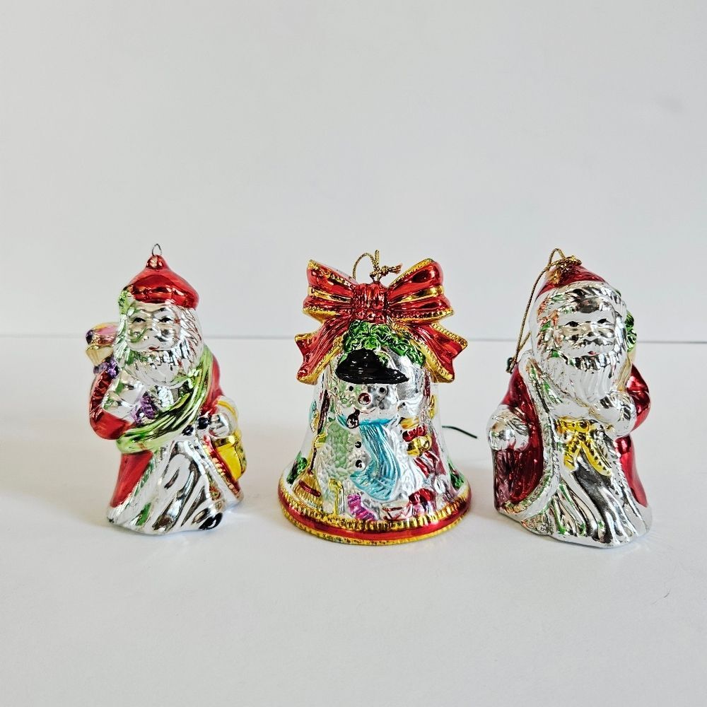 Vintage Set of 3 Silver Painted Santa Bell Snowman Ceramic Christmas Ornaments